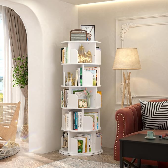 Aheaplus Rotating Bookshelf, 360 Display Wood Spinning Bookshelf Tower, 5 Tier Floor Standing Bookcase Storage Rack, Revolving Bookcase Corner Bookshelfs for Small Space, Bedroom, Study Room, White - Image 2
