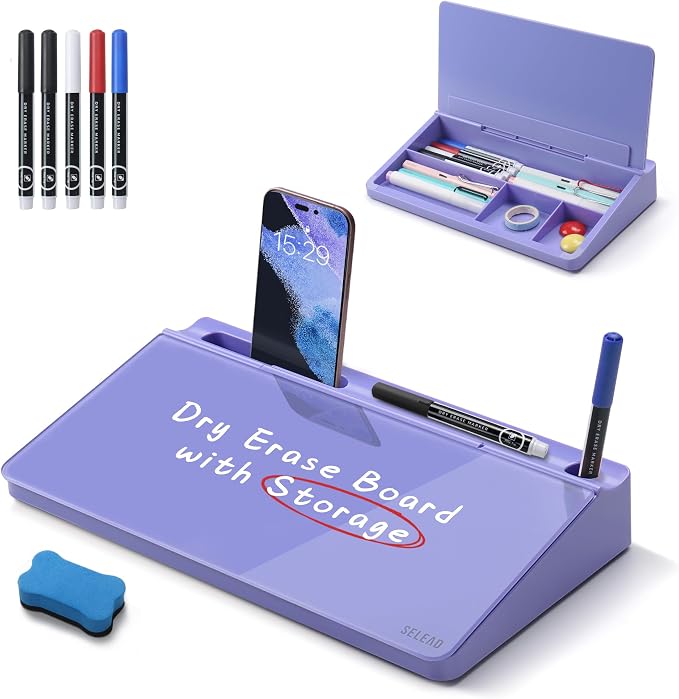 SELEAD Desktop Glass Whiteboard with Storage, Small Dry Erase White Board Computer Pad Keyboard Stand for Home, School, Office Desk Accessories - Purple by SELEAD