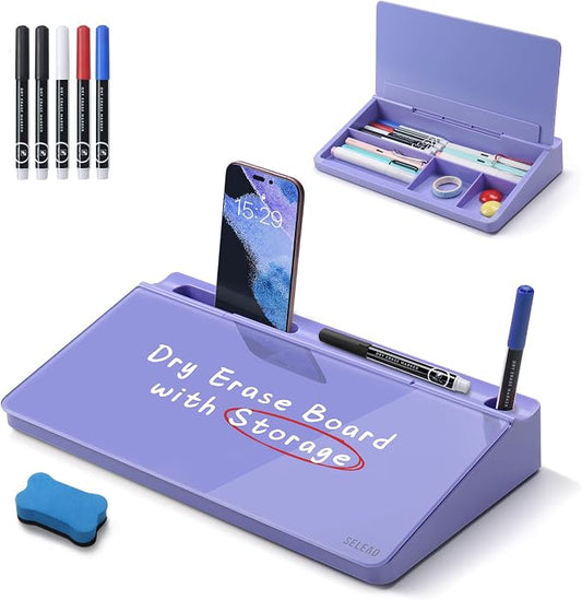 SELEAD Desktop Glass Whiteboard with Storage, Small Dry Erase White Board Computer Pad Keyboard Stand for Home, School, Office Desk Accessories - Purple by SELEAD