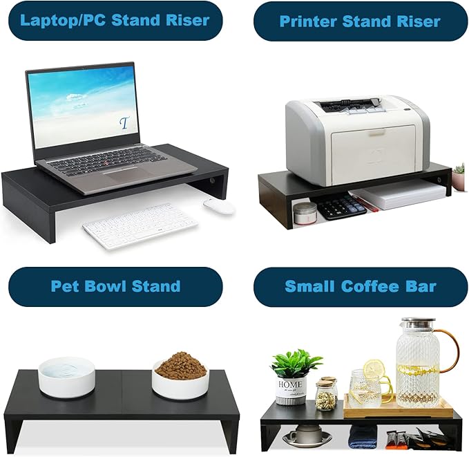 TEAMIX 20 Inch Monitor Stand Riser, Black Desktop Stand for PC/TV/Laptop/Printer, Wood Monitor Riser with Storage, Computer Stand Keyboard Organizer - Image 3