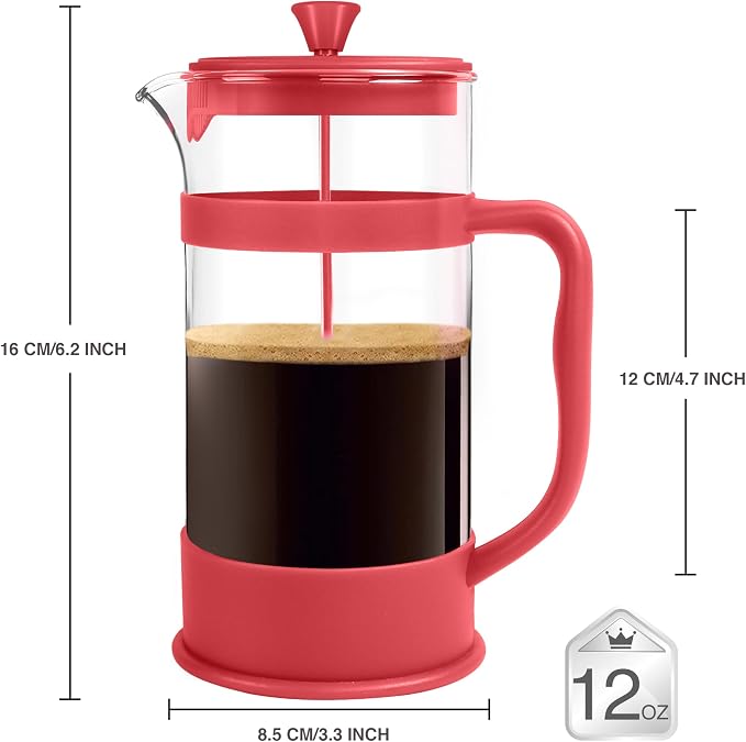 Utopia Kitchen Borosilicate Glass French Press Coffee Maker 12 Oz, Red | Heat-Resistant Cafetiere & Tea Maker, Thickened Glass Coffee Press for Travel and Camping - Image 2