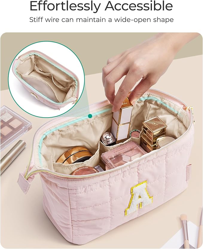 BAGSMART Birthday Gifts Personalized Initial Makeup Bag, Trendy Stuff Gifts for Women Bridesmaid Graduation, Puffy Padded Make Up Bags for Women, Wide-open Toiletry Bag, Pink K - Image 4