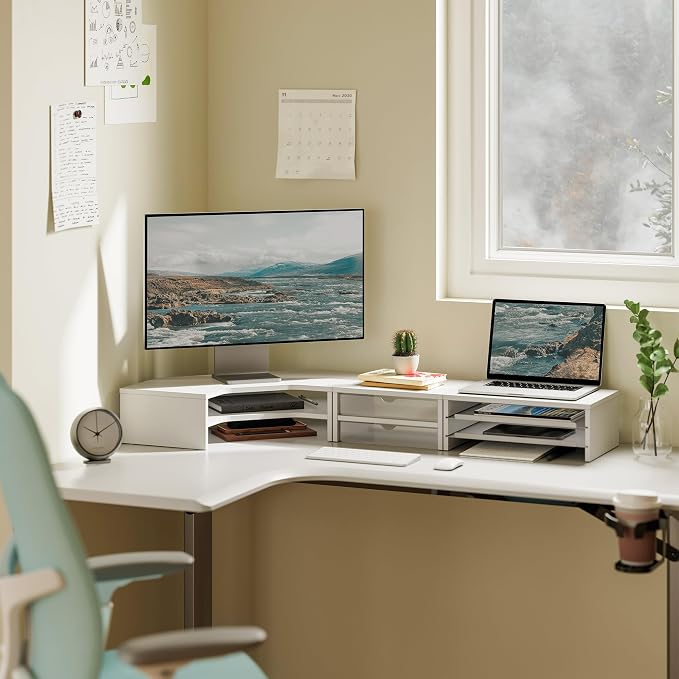 Fenge Dual Monitor Stand, Corner Monitor shelf with Drawer and Slide-Out Tray, 2 Tier Triangle Monitor Riser with Storage, Desk Shelf Organizer for Desk, Home Office, Computer, Laptop, Printer - Image 8