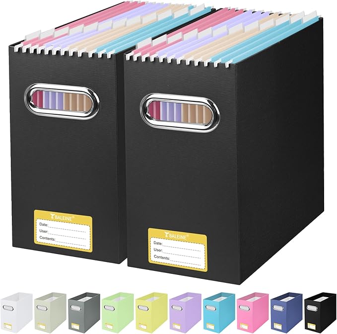BALEINE File Organizer Box, Cardboard File Folder Organizer with Handle for Letter Size, Portable Collapsible Hanging Filing Box for Home Office Document Storage (2 Pack, Black) by BALEINE