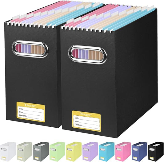 BALEINE File Organizer Box, Cardboard File Folder Organizer with Handle for Letter Size, Portable Collapsible Hanging Filing Box for Home Office Document Storage (2 Pack, Black) by BALEINE