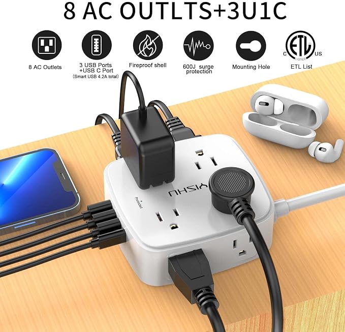 15 Ft Surge Protector Power Strip - 8 Widely Outlets with 4 USB Ports, 3 Side Outlet Extender with 15 Feet Extension Cord, Flat Plug, Wall Mount, Desk USB Charging Station, ETL, White - Image 2
