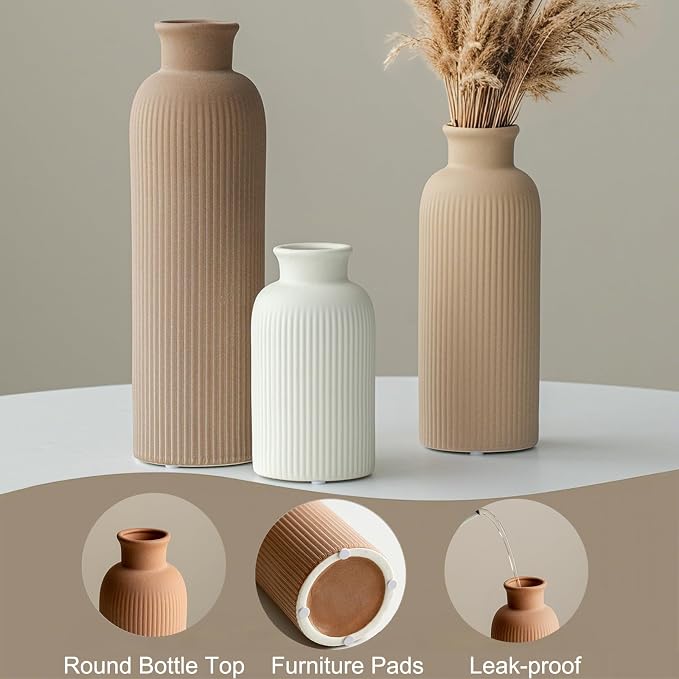 Modern Ceramic Vase Set, Earth Tone Natural Color Ribbed Matte Design, 3-Piece Decorative Vases for Home, Living Room, Office (Coffee Mix) - Image 3