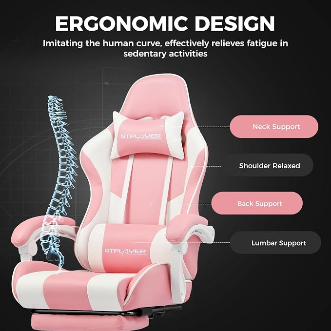 GTPLAYER Gaming Chair, Computer Chair with Footrest and Lumbar Support, Height Adjustable Game Chair with 360°-Swivel Seat and Headrest and for Office or Gaming (Faux Leather, Pink) - Image 6