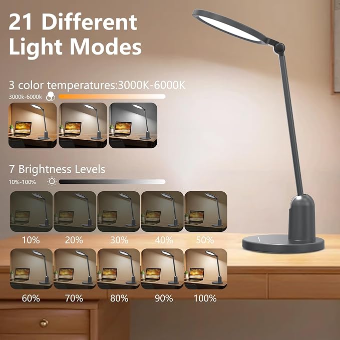 Desk Lamps for Home Office with Stable Base, 1000LM Ultra Bright Eye-Caring LED Desk Light, 3000K-6000K Dimmable Table Lamp with Stepless Dimming & Timing Function for Work, Reading, Bedroom, Bedside - Image 4