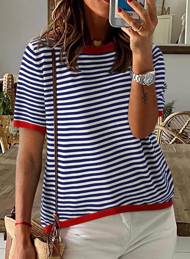 Dokotoo Womens Tops 2026 Casual Summer Crewneck Short Sleeve Striped Color Block Knit High Low Trendy Pullover Sweaters - Image 2