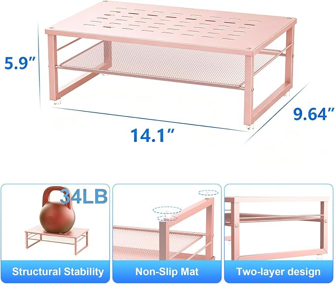 gianotter 2-Tier Metal Monitor Stand Riser, Desk Organizer for Monitor, Office Desk Storage Organizer for Office Supplies (Rose Gold) - Image 5