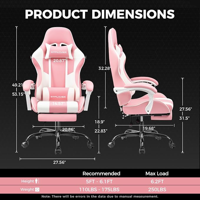 GTPLAYER Gaming Chair, Computer Chair with Footrest and Lumbar Support, Height Adjustable Game Chair with 360°-Swivel Seat and Headrest and for Office or Gaming (Faux Leather, Pink) - Image 3