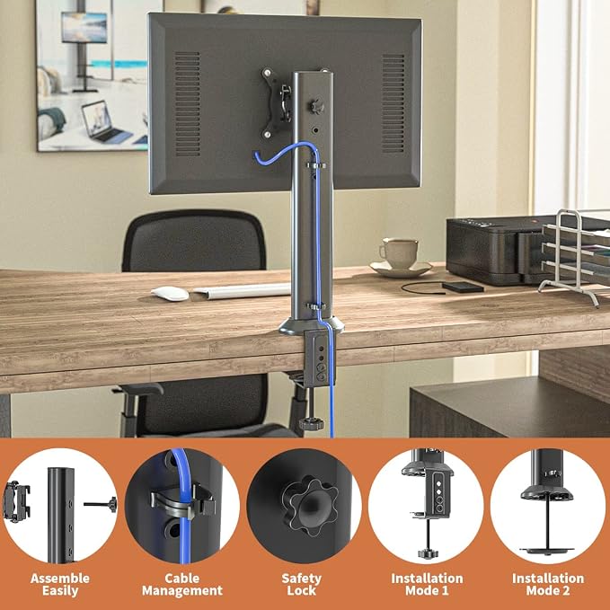 HEMUDU Single Desk Monitor Arm Mount Stand Fit for 13 inch to 32 inch Flat Curved Computer Screen with Swivel, Height Adjustable, Rotation,Holds up to 77lbs, Black - Image 3