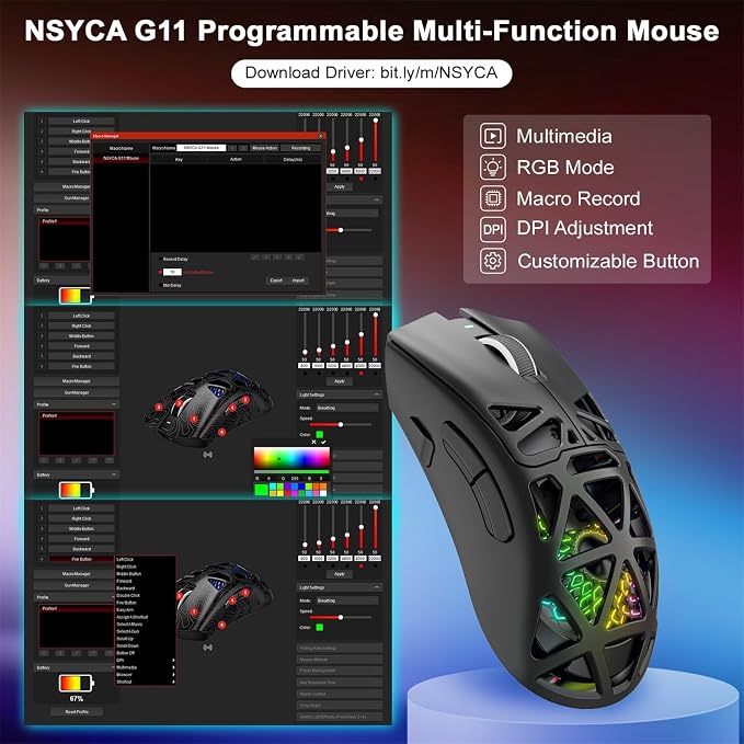 G11 Lightweight Wireless Gaming Mouse for FPS & Competitive Gaming, Tri-Mode Bluetooth 5.1/2.4GHz/USB-C, 22000 DPI RGB Mouse with Programmable Buttons for PC, Laptop & Mac (Black) - Image 8