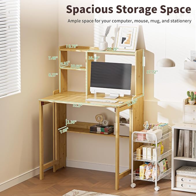 Folding Desk for Small Spaces, Bamboo Foldable Desk with Bookshelf, Natural | Small Computer Desk with Storage, Mid Century, Fold Out，Compact Size, for Bedroom, Living Room, Apartment, Home Office - Image 4