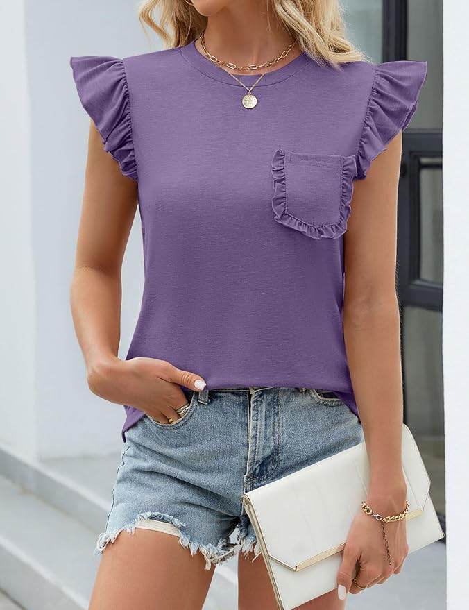 JUSTFASHIONNOW Womens Summer Tops Striped T-Shirts 2026 Ruffle Short Sleeve Crew Neck Casual Blouses with Pocket - Image 2