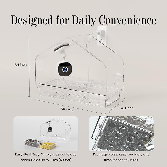 Smart Window Bird Feeder Camera with AI, Modern Design for Panoramic Views, 2K HD Live Feed, USB Powered & Secure Suction Mount - The Ultimate Tech Gift (Clear) - Image 8