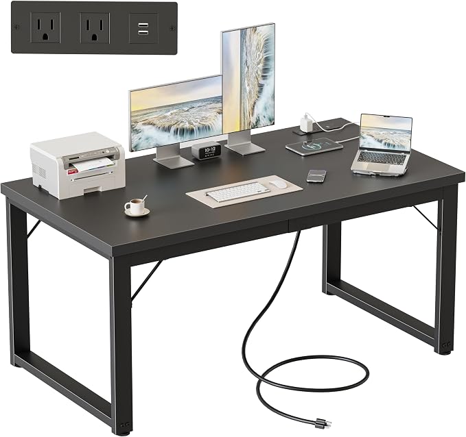 Mericonia 48 Inch Computer Desk with Power Outlets, 1.2" Thick Office Table | Modern Simple Style, Heavy Duty Industrial Frame, Small Study & Writing Table for Home Bedroom Work, Black by MERICONIA