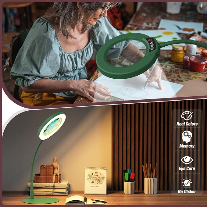 10X Magnifying Glass with Light and Stand, 5 Color Modes Stepless Dimmable LED Lighted Desk Lamp, Hands Free Flexible Gooseneck Magnifier with Light for Craft Hobby Painting Close Work - Green - Image 6