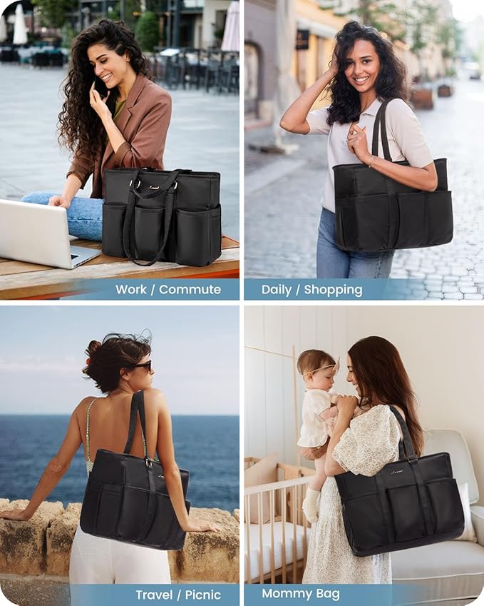 LOVEVOOK 17 Inch Laptop Tote Bag for Women Work, Teacher Tote Bag Nurse Bag, Professional Utility Computer Bag For Work/Travel/College/Daily, Large Purse Handbag With Trolley Sleeve & Large Cup Holder - Image 2
