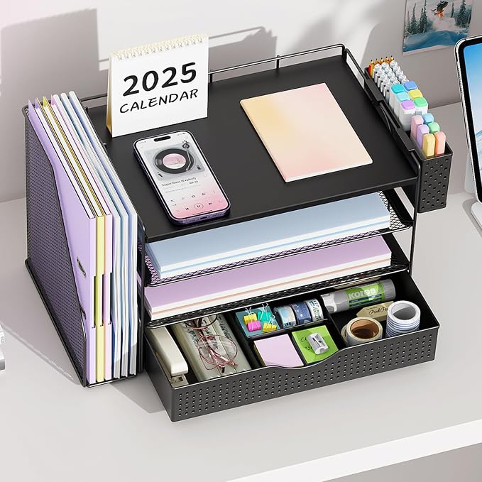 gianotter Wood Desk Organizers and Accessories with File Holder, 4-Tier Desk Accessories & Workspace Organizers with Drawer and Pen Holder, Desk Reference Organizer (Black, 4T with Drawer) - Image 6