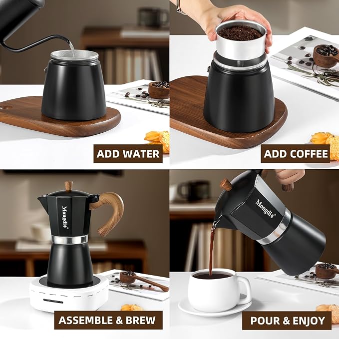 Mongdio Stovetop Espresso Maker Moka Pot, Cuban Coffee Maker Stove top coffee maker Moka Italian Espresso Greca Coffee Maker Brewer Percolator, 9 Espresso Cups, 15 oz - Black - Image 4