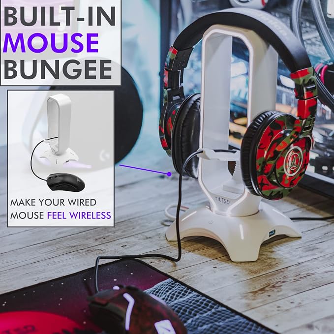 Tilted Nation Gaming Headphone Stand | RGB Headset Stand White | Headset Holder for Desk with Mouse Bungee and USB Hub | The Ultimate Gaming Accessories for Gamers for PS5, Xbox, PC - White - Image 6