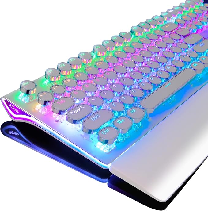 RK ROYAL KLUDGE S108 Typewriter Mechanical Keyboard, Full RGB Gaming Keyboard, Wired PC Game Keyboards with Detachable Wrist Rest and Number Pad, Retro Round Keycaps, Brown Switch White by RKROYALKLUDGE