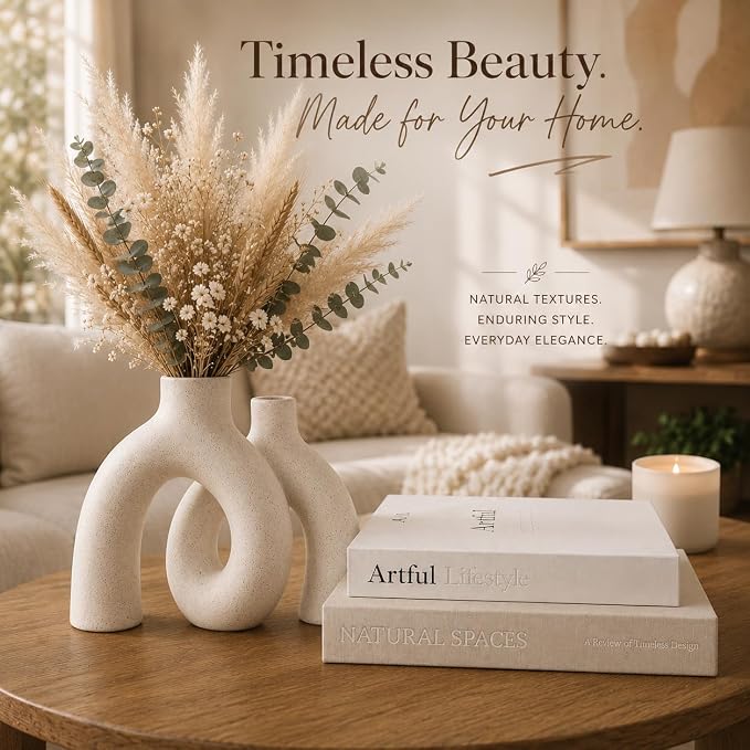 Cream White Decorative Vase Set - Modern Hug Donut Ceramic Vases by JAS & JAX GOODS, Minimalist Boho Style Centerpiece for Console Table, Living Room, Bookshelf, or Fireplace Mantel - Image 4