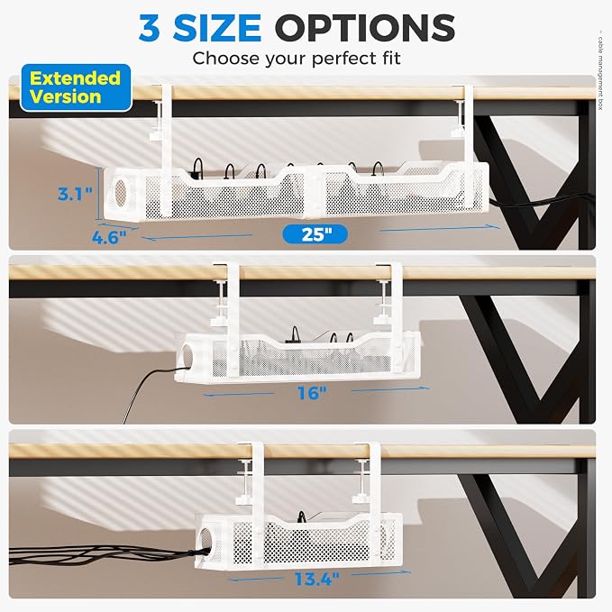 [Upgraded] 25" Extra Large Under Desk Cable Management, Cinati Wire Organizers No Drill, Cable Tray with Clamp for Wire Management, Cord Organization Box for Office, Home - No Damage to Desk(White) - Image 2