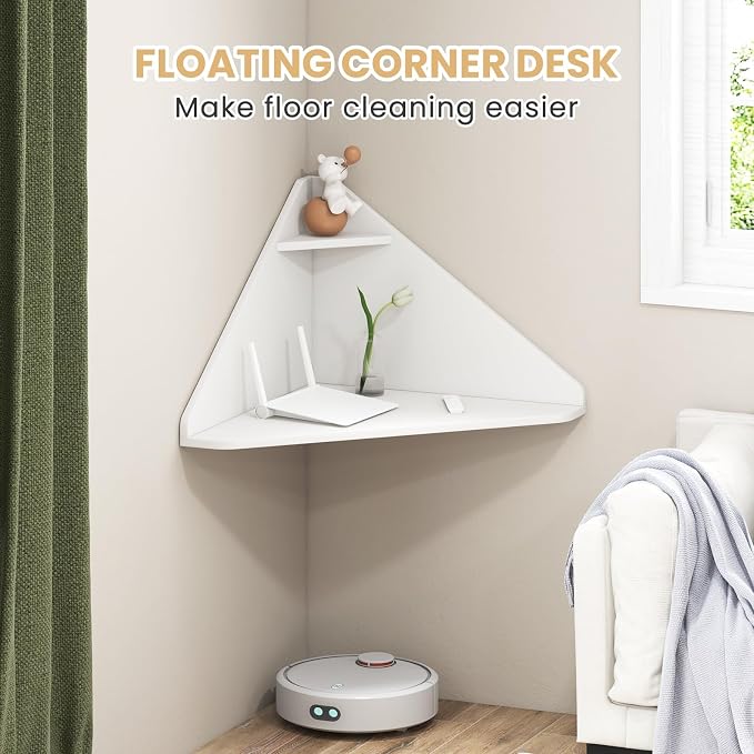 Giantex Corner Floating Desk, Wall Mounted Computer Desk with Storage Shelf, Space-Saving Writing Desk, Triangle Laptop Desk for Living Room, Study, Bedroom, Home Office & Small Spaces (White) - Image 7