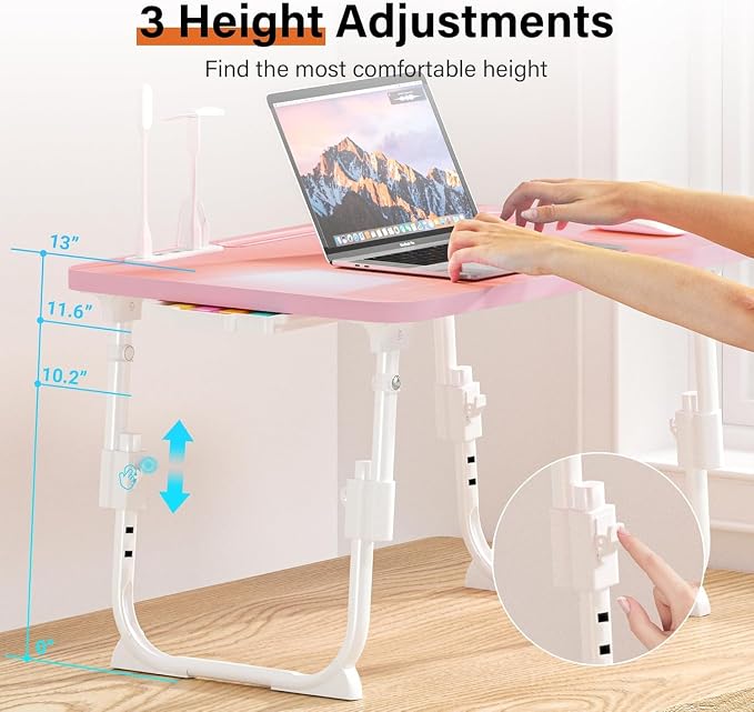 Lap Desk for Bed, Adjustable Laptop Desk with USB Charging Port, Storage Drawer & Bookshelf — Foldable Bed Desk for WFH & Students, 23.6" Desktop Fits 20" Laptop, Non-Slip, Pink - Image 2