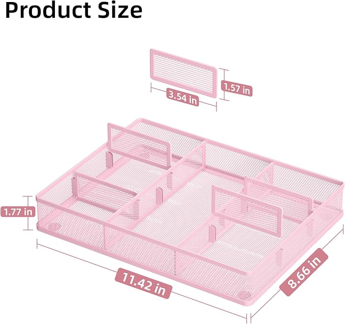 Marbrasse Pink Desk Drawer Organizer, Metal Mesh Drawer Organizer Tray with 5 Adjustable Compartments,Desk Organizers and Accessories for Home,Office,Kitchen,Makeup,Vanity (Pink) - Image 2