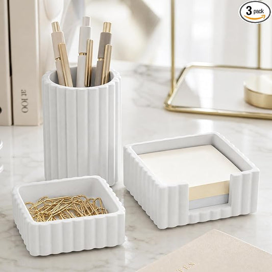Aesthetic Desk Organizer Set of 3 For Your Office - Sturdy Concrete Desktop Accessories For Women Enhance Any Office Decor - Set incl. Pen Holder, Paperclip Storage & Sticky Note Holder for Teacher by KIBAGA
