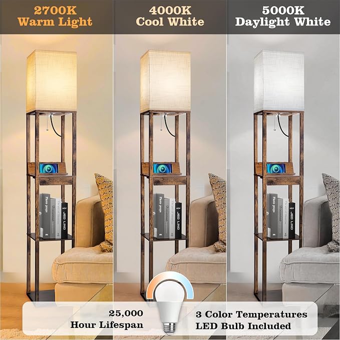 RUNTOP Floor Lamp with Shelves, Shelf Floor Lamp with Wireless Charger & 2 Charging USB Ports & Drawer, AC Outlet, 3 Color Temperature Tall Standing Lamp with Bulb for Living Room, Bedroom, Office - Image 3