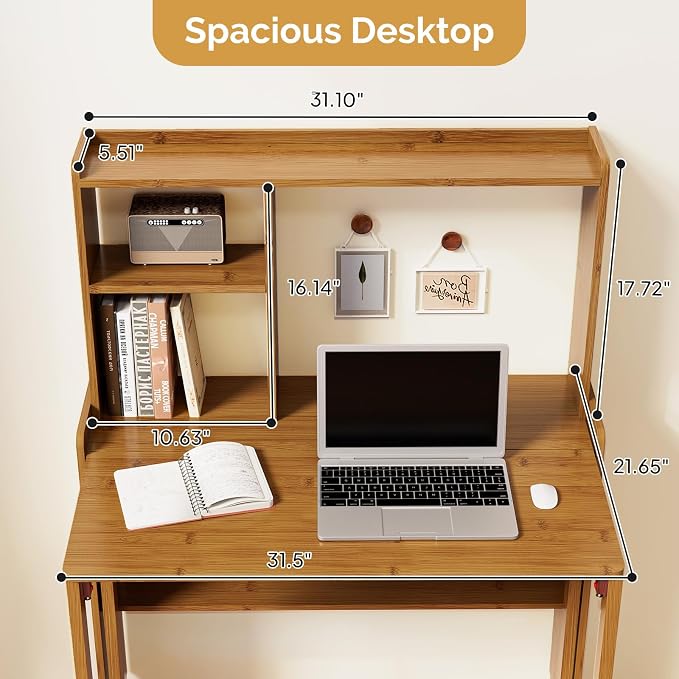 Folding Desk with Bookshelf, Compact Foldable Desk for Small Spaces,Brown | Bamboo Computer Desk with Storage Shelf, Space-Saving Home Office Desk with Hutch for Bedroom, Dorm, Apartment - Image 2