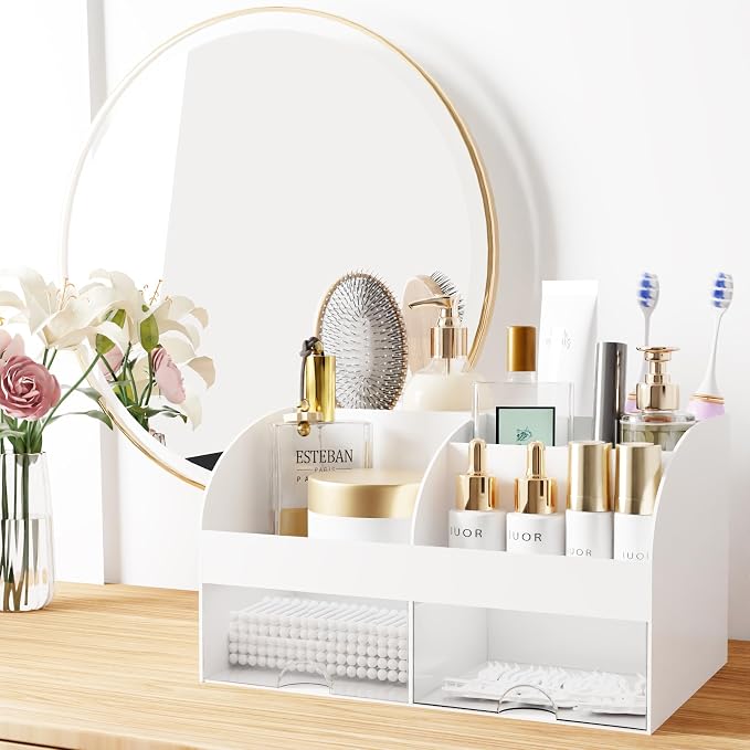 Makeup Organizer with Drawers, Cosmetic Storage for Dresser Vanity and Bathroom Countertop, Beauty Holder for Lipstick Brush, Skincare Organizer for Vanity, Cosmetic Display Case (White-2P) - Image 6