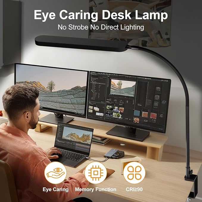 SKYLEO Led Desk Lamp - Desk Light for 33.5" Tall - Flexible Gooseneck - 5 Color Modes X 11 Brightness Levels - 1300LM - Timmer & Memory Function - 12W Clip on Light - Black - Image 5