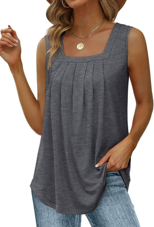 Saloogoe Summer Tank Tops for Women Loose Fit Pleated Square Neck Sleeveless Tops Curved Hem Flowy by Saloogoe