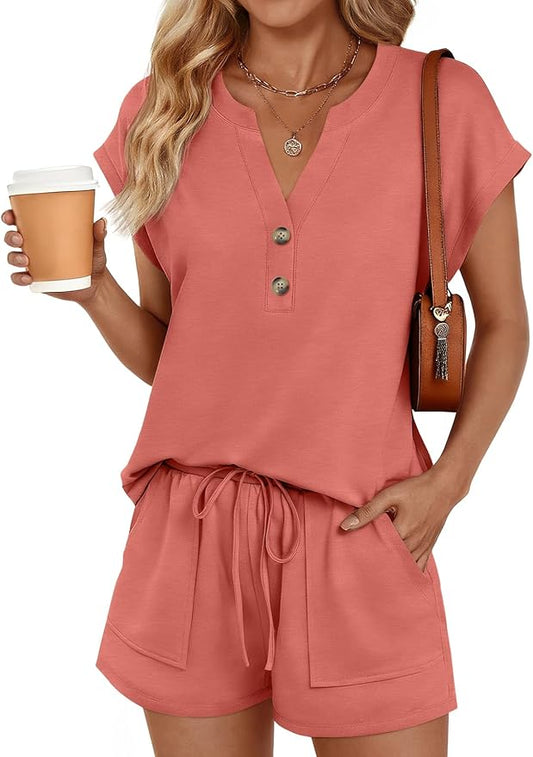 LILLUSORY 2 Piece Summer Set 2026 Henley Top & Drawstring Shorts with Pockets by Lillusory