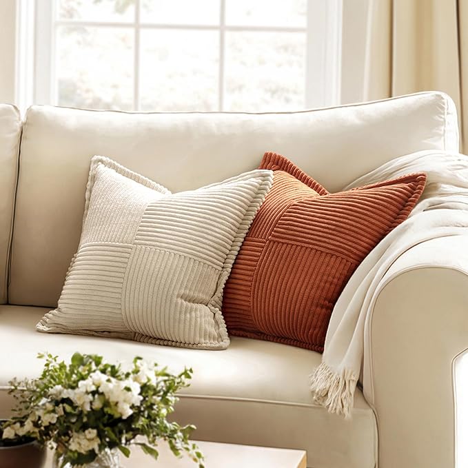 MIULEE Fall Dark Rust Decorative Throw Pillow Covers for Couch Bed Livingroom 20x20 Inch Set of 2 Boho Accent Throw Pllows Broadside Striped Patchwork Soft Corduroy Pillowcases, Terracotta - Image 2