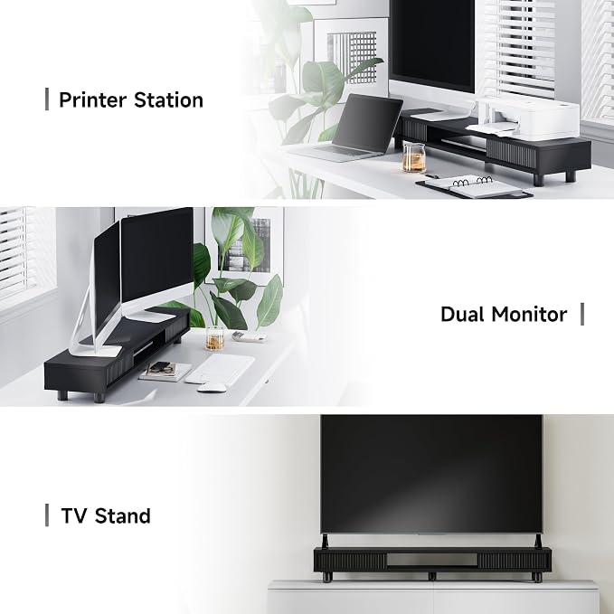 Fenge Dual Monitor Stand, 42.5inch Long Monitor Stands Riser for 2 Monitors, Glass Sliding Door with Storage Organizer Stand for Desk, 2 Tier Desk Shelf for Laptop, Pc, Printer, Computer, TV - Image 5
