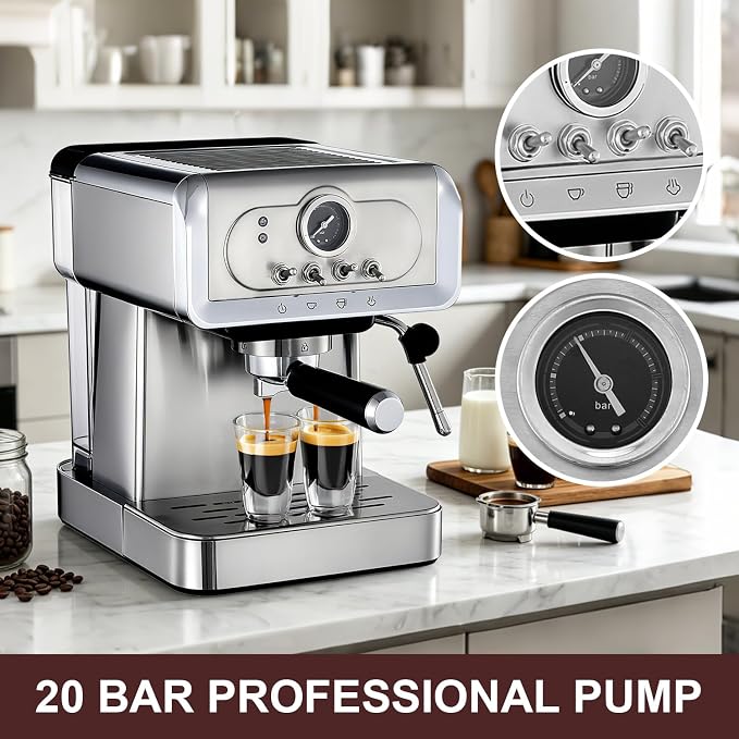 Espresso machine 20 Bar, Espresso Maker with Powerful Steam Milk Frother, Stainless Steel Coffee Machine with Fast Heating System for Latte, Cappuccino - Image 2