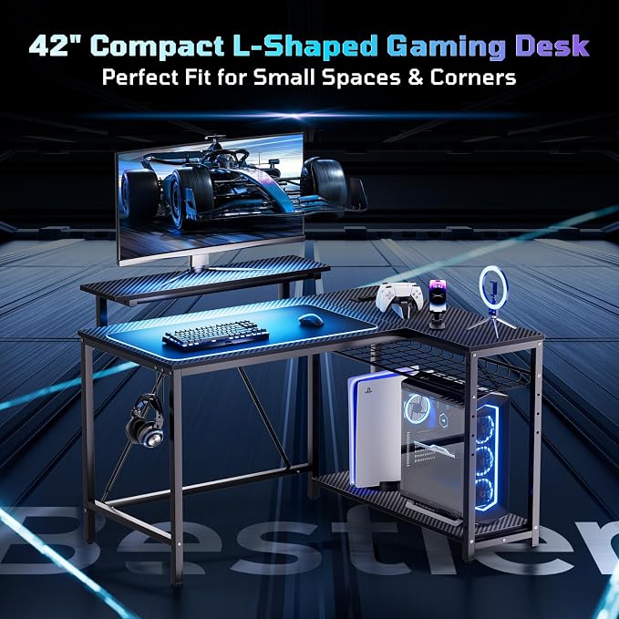 Bestier 42-Inch L-Shaped Computer Desk with Charging & LED, Black | Charging 2AC+USB+Type-C, RGB LED Strip, Reversible Shelves, Monitor Stand, Headphone Hook, Cable Mgmt, Small Space - Image 3