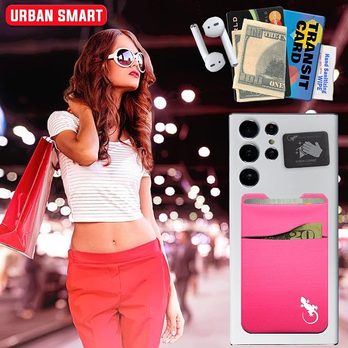 Gecko Travel Tech Double Pocket - Adhesive Card Holder - Cell Phone Pouch - Stick on Spandex Pocket - Carry Credit Cards and Cash (PINK-WHITE) - Image 4
