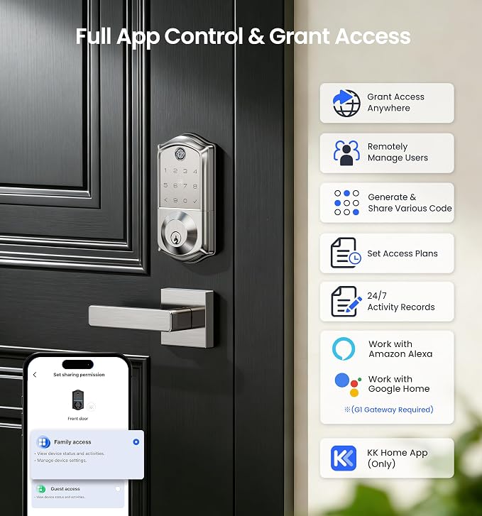 Veise VE017 Fingerprint Smart Door Lock, App Control, 8-in-1 Keyless Entry, Auto Lock, Emergency Power Port, Electronic Touchscreen Keypad, Biometric Smart Locks for Front Door, Satin Nickel - Image 2