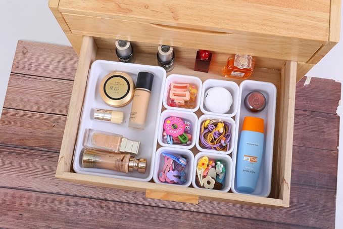 Kutesna 15PCS Interlocking Drawer Organizer, Plastic Desk Organizer Set | 3-Size Versatile Storage Bins,BPA-free, Non-slip, Fits Any Drawer for Cosmetics, Bathroom, Tools, Kitchen and Office, White - Image 3