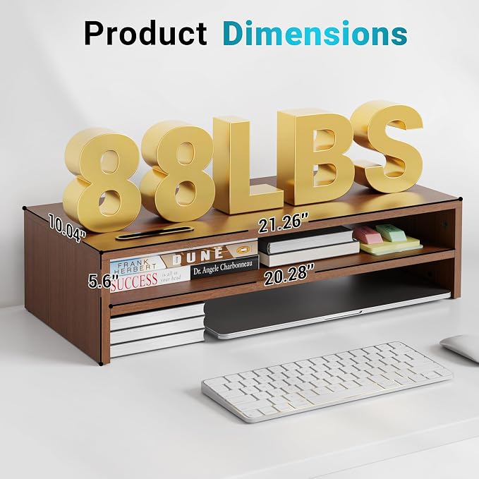 BONTEC Wood Monitor Stand Riser, 2-Tier Desktop Organizer | Ergonomic Computer Stand for Desk, Cable Management, Cellphone Holder, 21.3 Inch Shelf, Walnut - Image 5