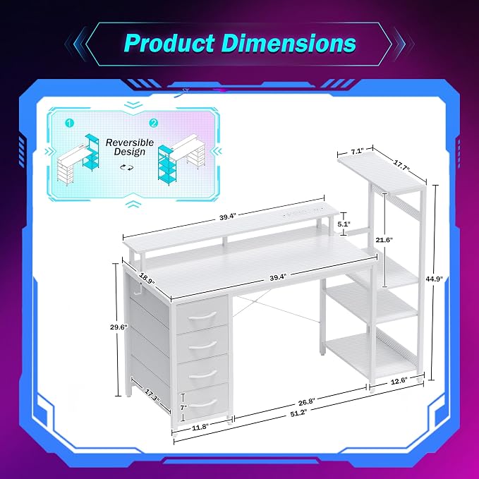 51 Inch Gaming Desk with Drawers & PC Tower Stand & LED Lights, White | Reversible, Monitor Shelf, Power Outlets, Carbon Fiber, Mesa Gamer, Computer Desk with Storage, Gaming Table for Home Office - Image 2