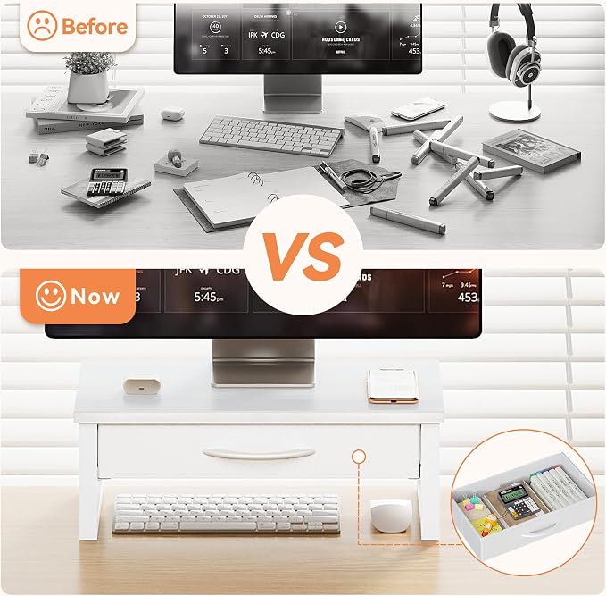 Desk Organizers and Accessories, Computer Monitor Stand Riser with Drawer, White Laptop Stand for Desk with Storage, Office Organization, Wood - Image 3